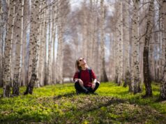 woman sitting between brown trees