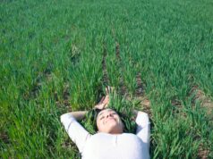 woman laying on field of green grass